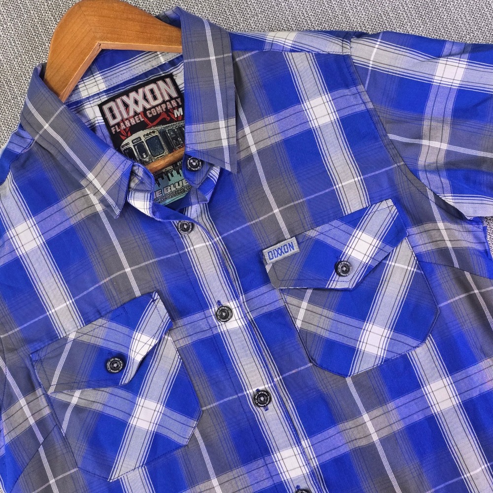 Dixxon Flannel Co x The Blue Line Womens M Gray White Plaid Short Sleeve Button